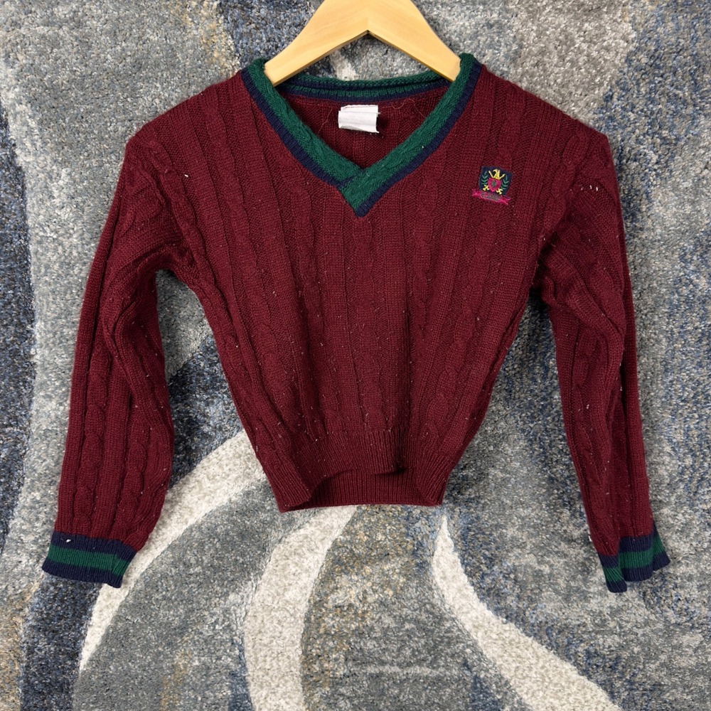 Vintage Unbranded Cable Knit Sweater Girls 6 Burgundy Preppy Dark Academia Crest